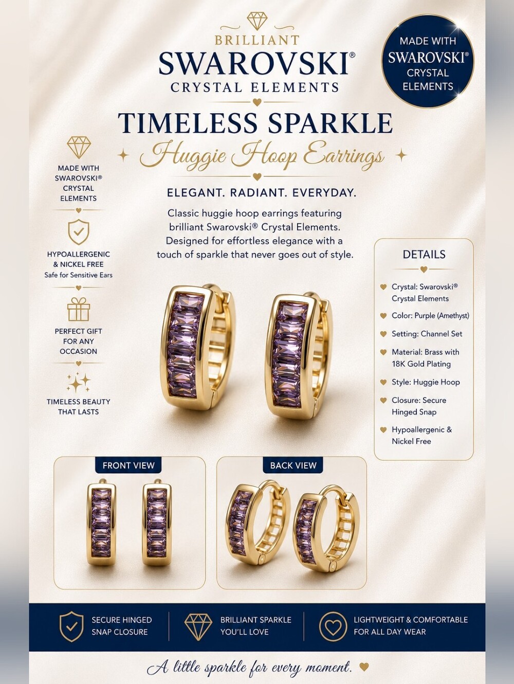 Purple Huggie Hoop Earrings — Gold Plated